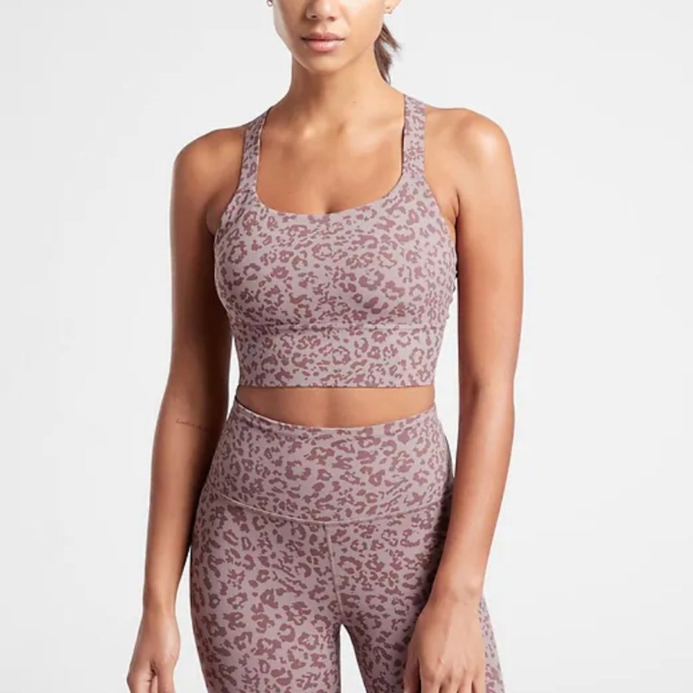 Athleta Mauve Leopard Print High-Waist Leggings & Crop Sports Bra Set
